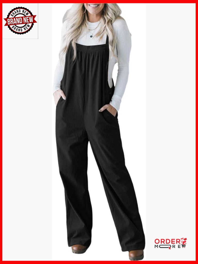 Women's Corduroy Overalls With Pockets - Loose Fit Sleeveless Jumpsuit